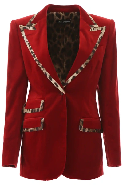 Shop Dolce & Gabbana Velvet Blazer With Animalier Hems In Red