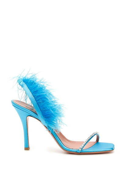 Shop Amina Muaddi Adwoa Crystal And Feather Sandals In Light Blue