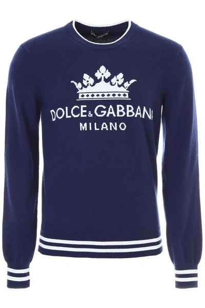 Shop Dolce & Gabbana Crown Intarsia Pullover In Blue,white