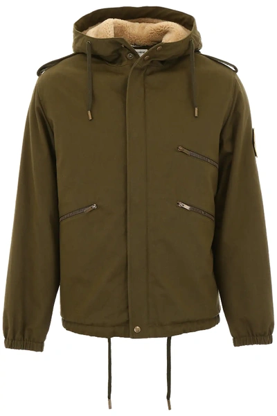 Shop Saint Laurent Parka With Shearling In Green,beige