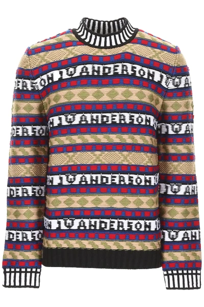 Shop Jw Anderson Logo Intarsia Knit Pull In Blue,red,beige