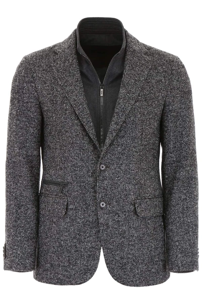 Shop Cc Collection Corneliani Herringbone Blazer With Plastron In Grey,black