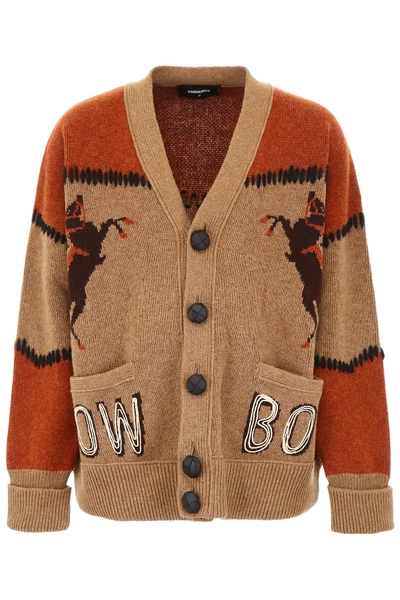 Shop Dsquared2 Oversized Cardigan With Intarsia In Beige,brown