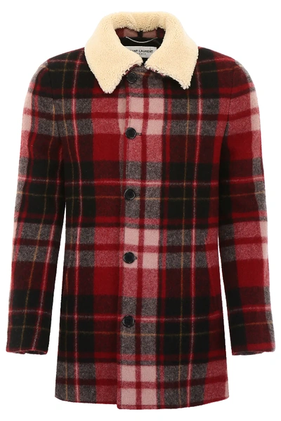 Shop Saint Laurent Check Coat With Shearling Collar In Red,black,white