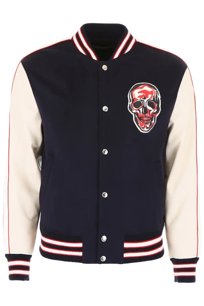 Shop Alexander Mcqueen Bomber Jacket With Skull Patch In Blue,beige,red