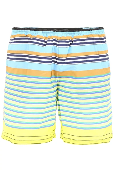 Shop Prada Striped Nylon Swim Shorts In Light Blue,yellow,black