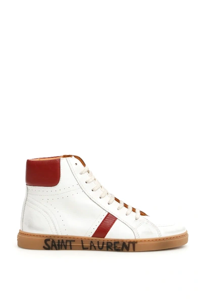 Shop Saint Laurent Mid Top Joe Sneakers In White,red