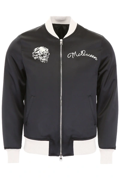 Shop Alexander Mcqueen Satin Bomber Jacket With Embroidery In Black