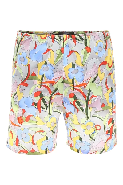 Shop Prada Printed Swim Shorts In Grey,light Blue,pink
