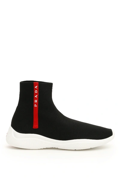 Shop Prada America's Cup Logo Sock Sneakers In Black,white,red