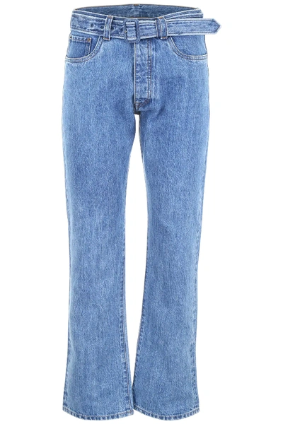 Shop Prada Jeans With Triangle Logo In Light Blue