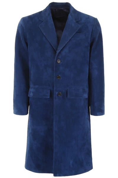 Shop Prada Suede Coat In Blue