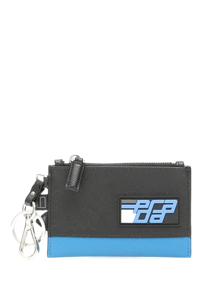 Shop Prada Key Pouch In Black,light Blue