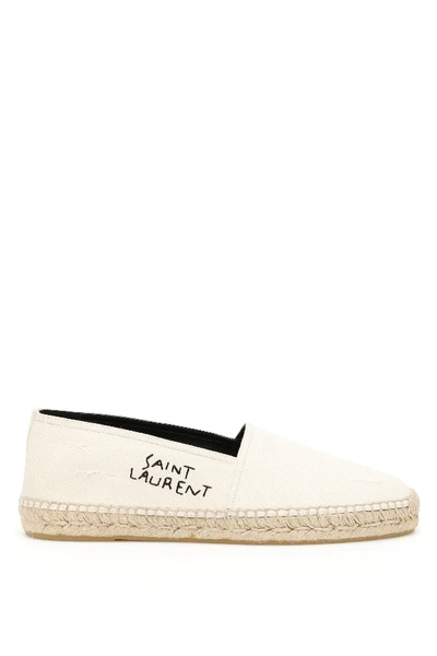Shop Saint Laurent Canvas Espadrilles With Embroidered Logo In White,beige