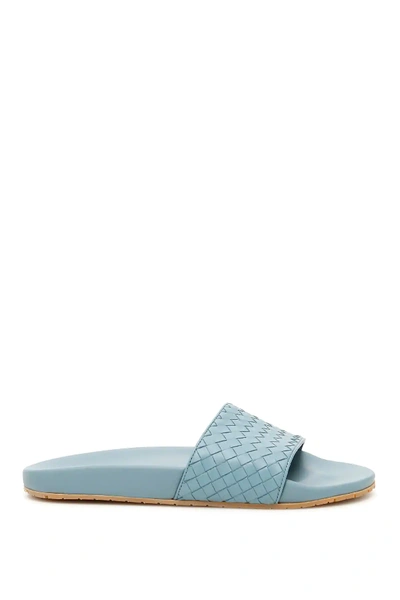 Shop Bottega Veneta Lake Woven Nappa Slides In Light Blue