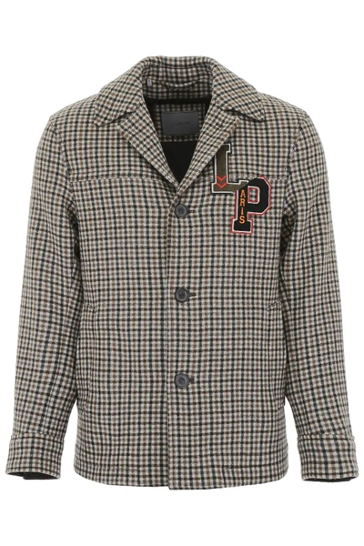 Shop Lanvin Check Jacket With Logo Patch In Beige,brown,black