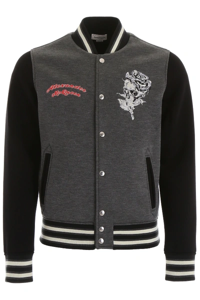 Shop Alexander Mcqueen Varsity Jacket With Skull Embroidery In Grey,black