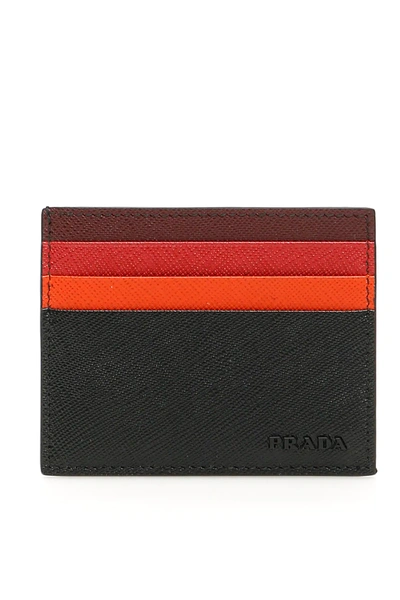 Shop Prada Stripe Saffiano Cardholder In Black,red,orange