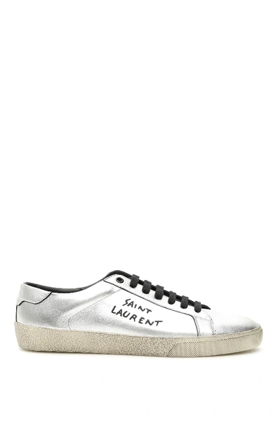 Shop Saint Laurent Sl06 Leather Sneakers In Silver