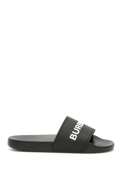 Shop Burberry Furley Slides In Black,white