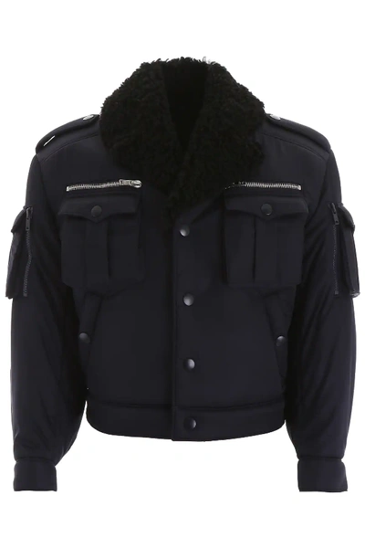 Shop Prada Bomber Jacket With Shearling In Blue