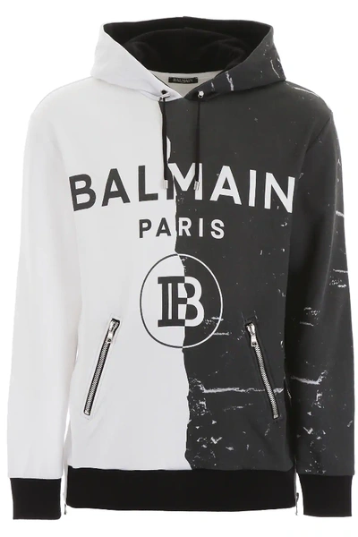 Shop Balmain Bicolor Hoodie In White,black