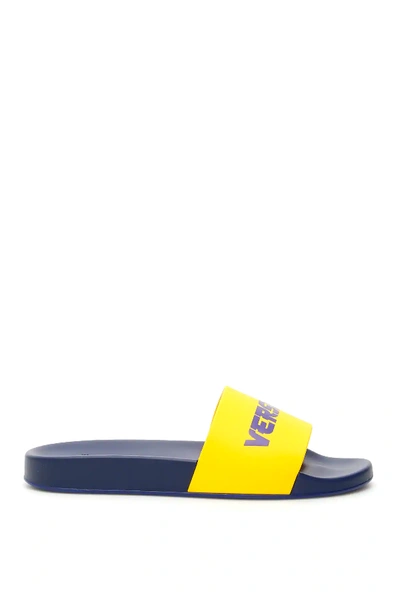 Shop Versace Pvc Logo Slides In Yellow,purple