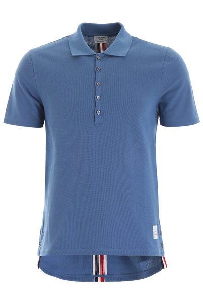 Shop Thom Browne Polo Shirt With Ribbon On The Back In Light Blue