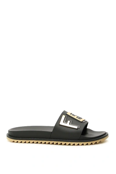 Shop Fendi Maxi Logo Slides In Black,gold