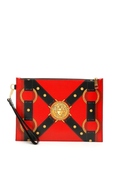 Shop Versace Bondage Print Pouch In Red,black,yellow