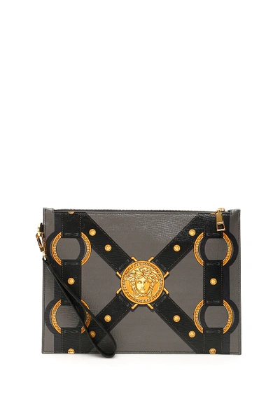 Shop Versace Bondage Print Pouch In Grey,black,yellow