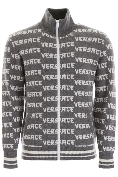 Shop Versace Monogram Zipped Cardigan In Grey,white