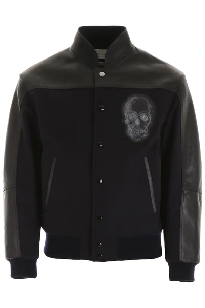 Shop Alexander Mcqueen Bomber Jacket With Leather Details In Blue,black