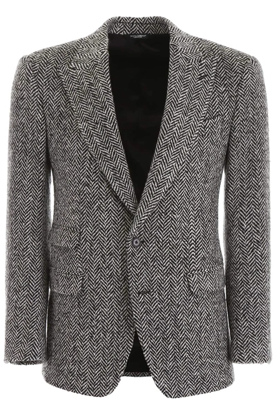 Shop Dolce & Gabbana Chevron Wool Blazer In Black,grey