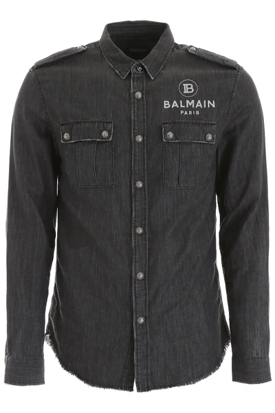 Shop Balmain Logo Shirt In Grey