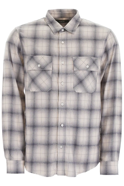 Shop Amiri Tartan Shirt With Leather Logo Patch In White,grey,blue