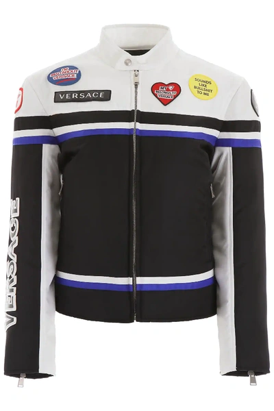 Shop Versace Nylon Biker Jacket In Black,white,blue