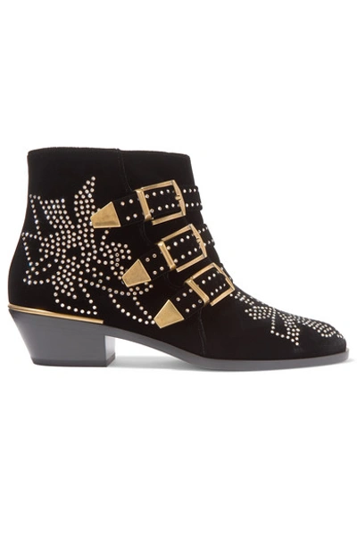 Shop Chloé Susanna Crystal-embellished Velvet Ankle Boots In Black
