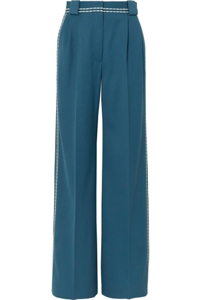 Shop Fendi Topstitched Wool-drill Wide-leg Pants In Teal
