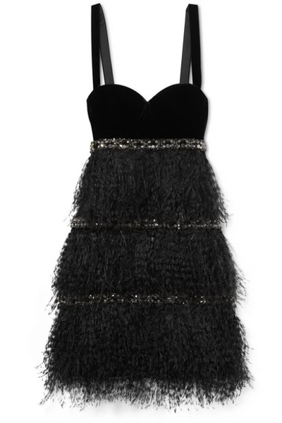 Shop Ralph & Russo Embellished Feather-trimmed Velvet And Crepe De Chine Mini Dress In Black
