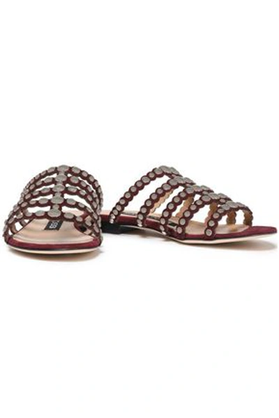 Shop Sergio Rossi Woman Scalloped Studded Suede Slides Burgundy