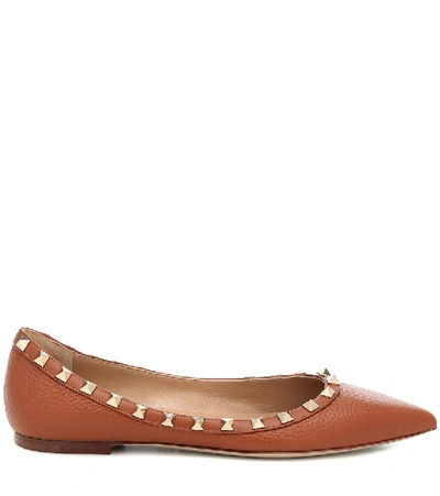 Shop Valentino Rockstud Leather Ballet Flats In Brown