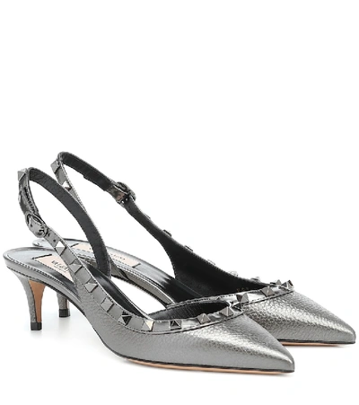 Shop Valentino Rockstud Leather Slingback Pumps In Metallic