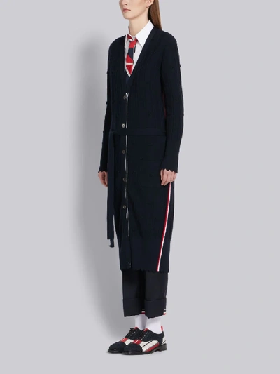 Shop Thom Browne Flower Cable Knit Long Cardigan In Blue