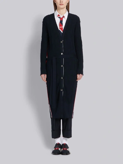 Shop Thom Browne Flower Cable Knit Long Cardigan In Blue