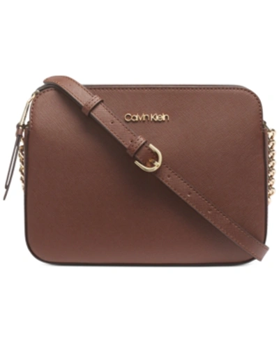 Shop Calvin Klein Hayden Leather Camera Bag In Walnut/gold