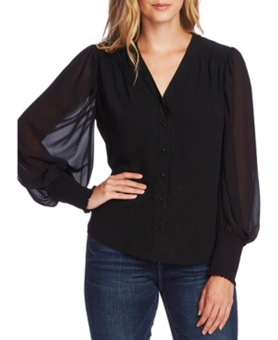 Shop Vince Camuto Smocked-cuff V-neck Blouse In Rich Black