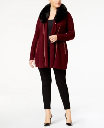 Shop Belldini Plus Size Faux-fur-trim Cardigan In Black Cherry/black