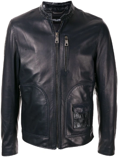 Shop Dolce & Gabbana Press Stud Collar Biker Jacket In Black