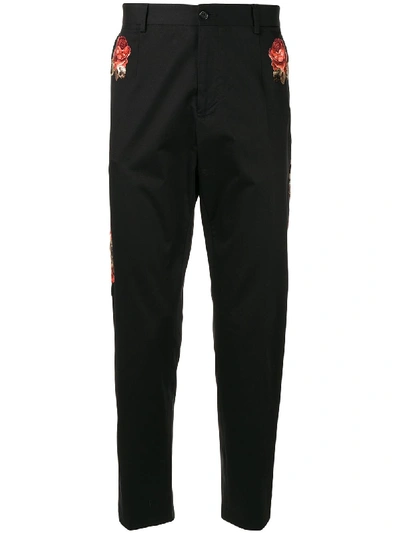 Shop Dolce & Gabbana Floral Embroidered Trousers In Black